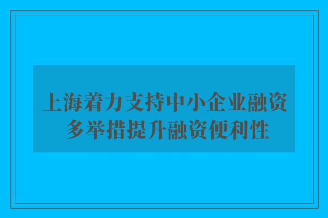 上海着力支持中小企业融资 多举措提升融资便利性