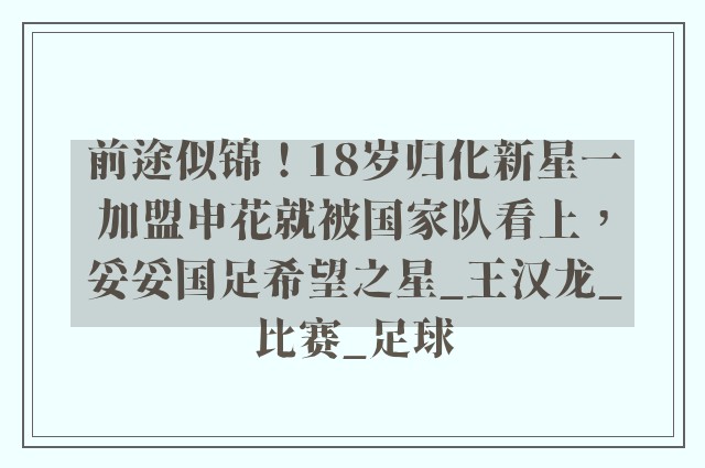 前途似锦！18岁归化新星一加盟申花就被国家队看上，妥妥国足希望之星_王汉龙_比赛_足球