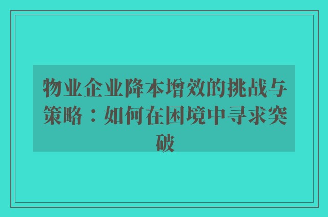 物业企业降本增效的挑战与策略：如何在困境中寻求突破